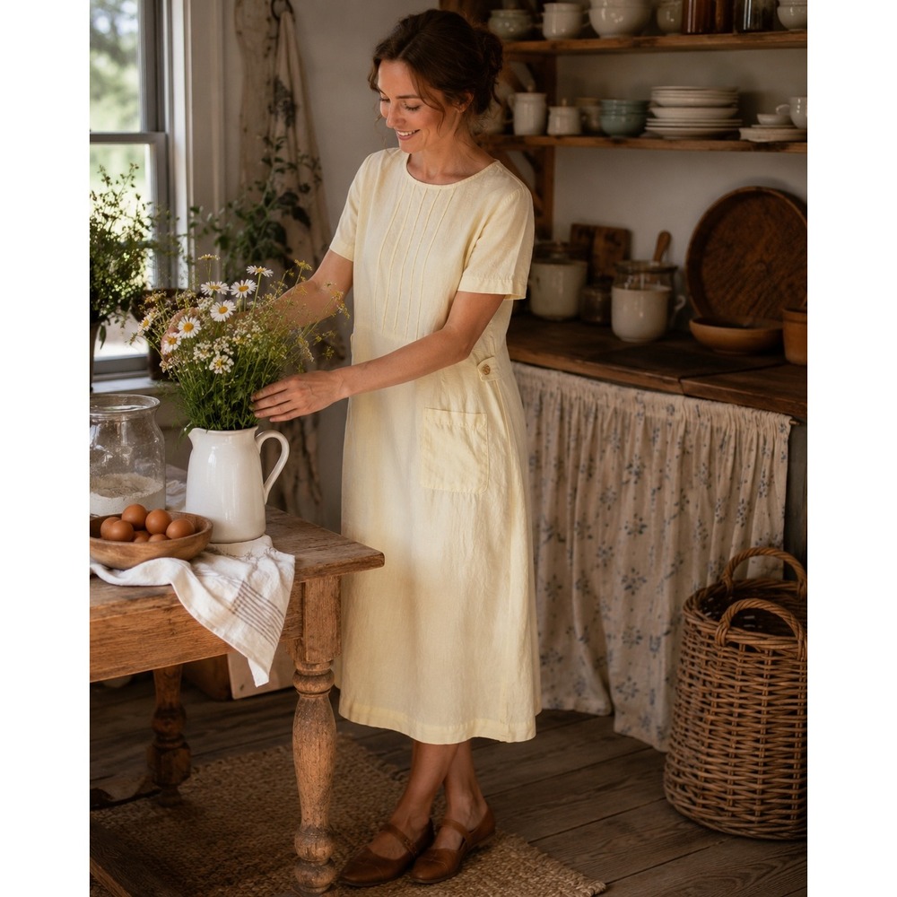 Chalet 100% Linen Midi Dress Small Yellow Modest Farmhouse Cottagecore Tradwife